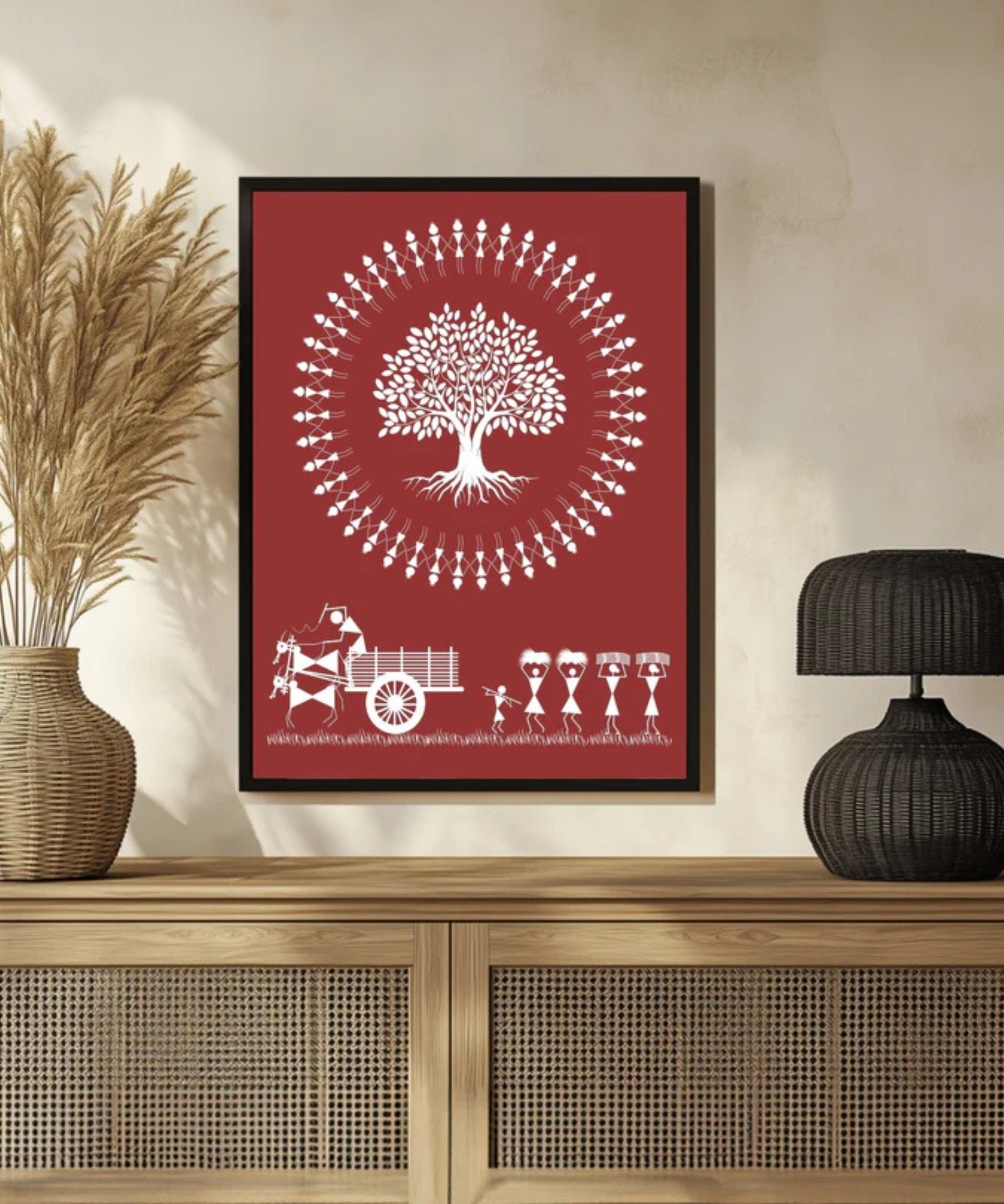 Tandanu Warli Art Tree of Life with Rural Village Scene - Image 2