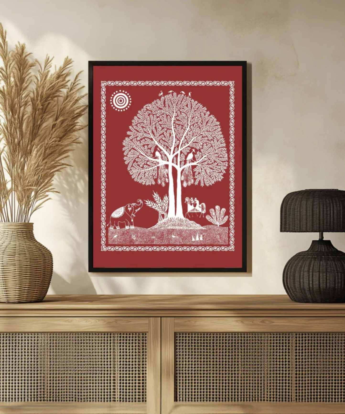 Warli Art Tree of Life with Elephant With Black Frame - Image 2