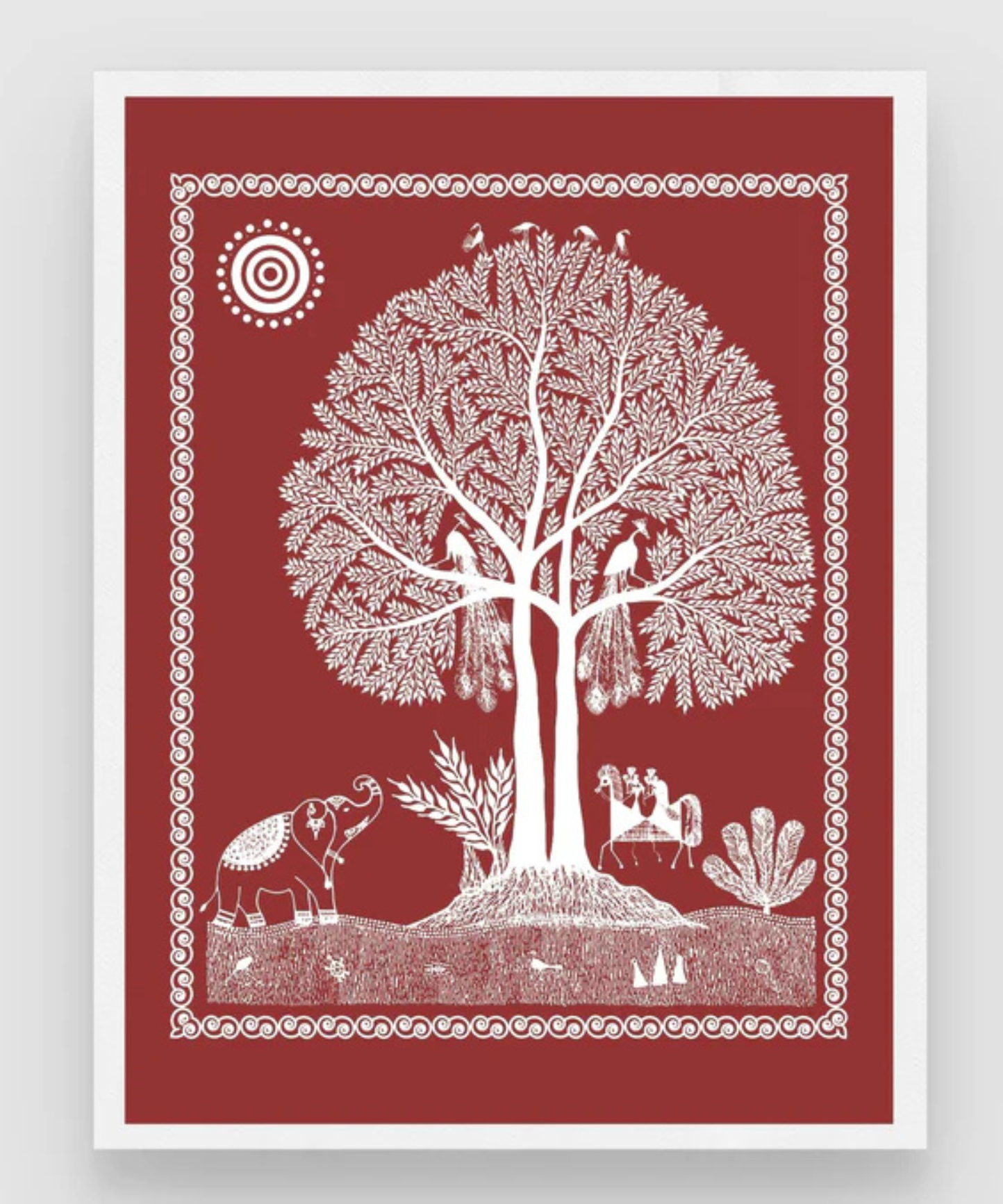 Warli Art Tree of Life with Elephant With Black Frame