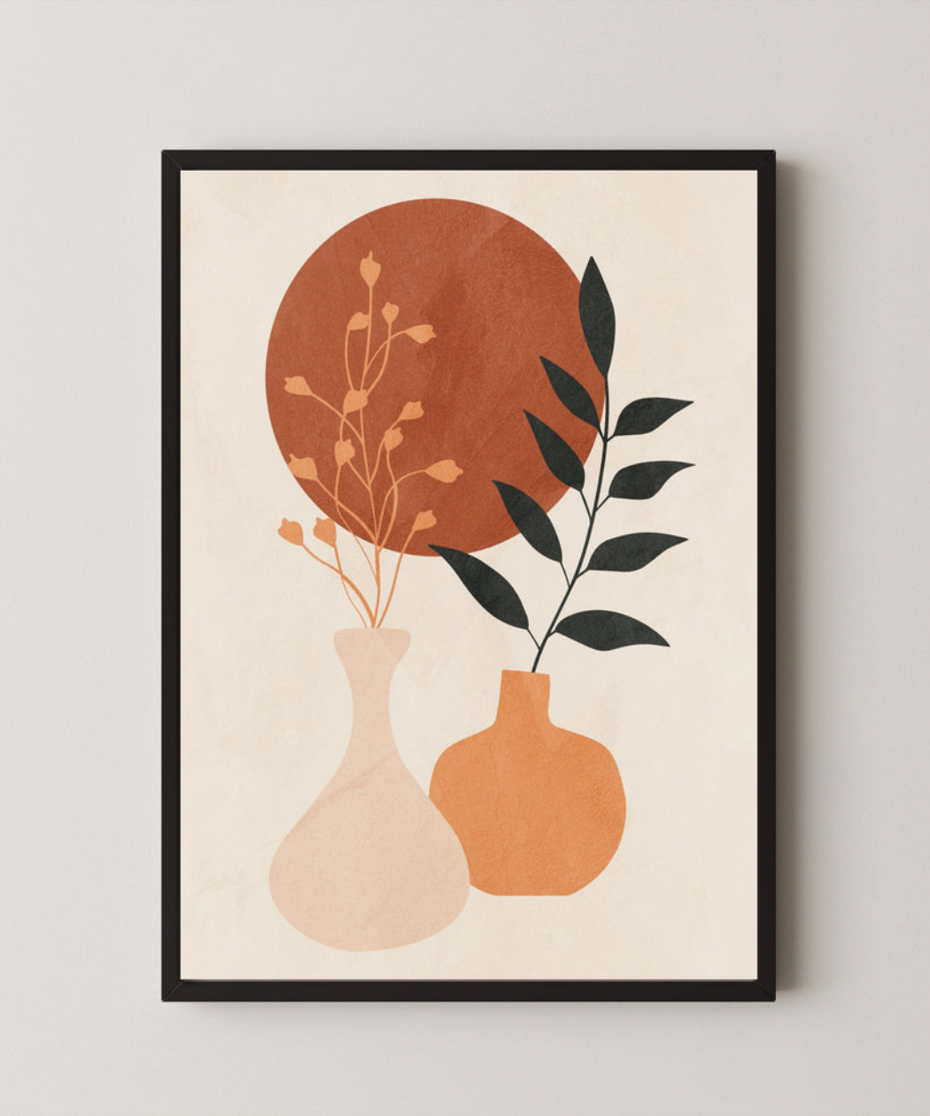 Boho Botanical Vases & Sun Art Print – Earthy Terracotta Abstract Giclée Wall Art
