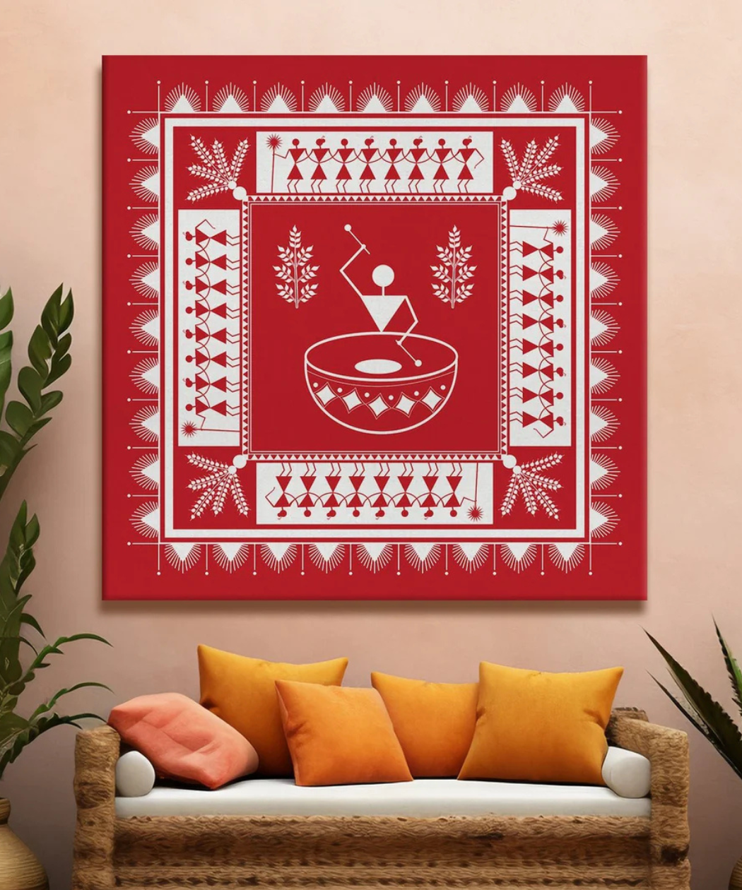 Warli Art Canvas Painting For Home Decor 12x12 inch Frame